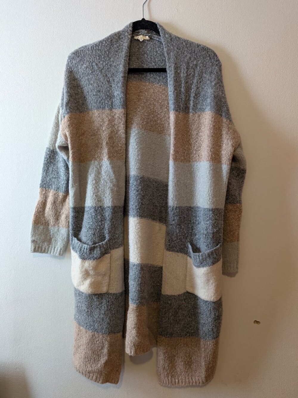 Entro Long Open Front Cardigan Color Block Stripe Gray Blush Cream M